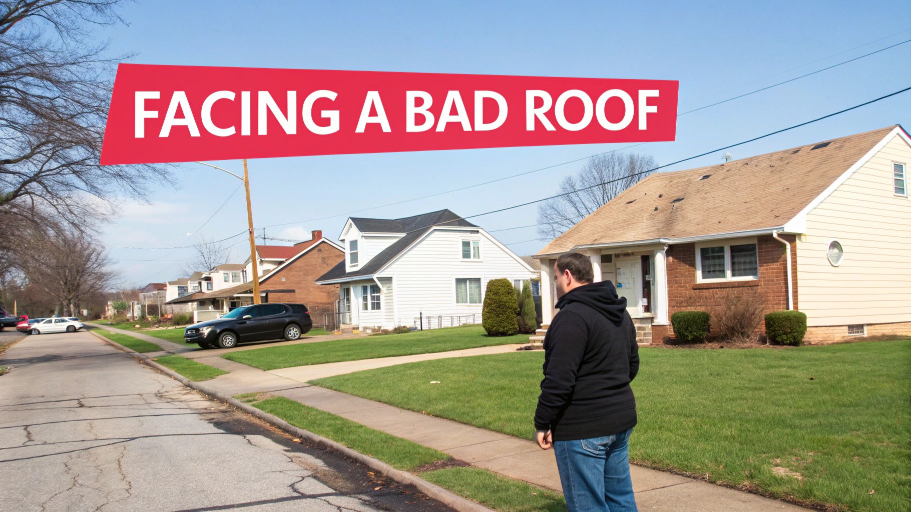 A homeowner looking up at a damaged roof with a concerned expression.