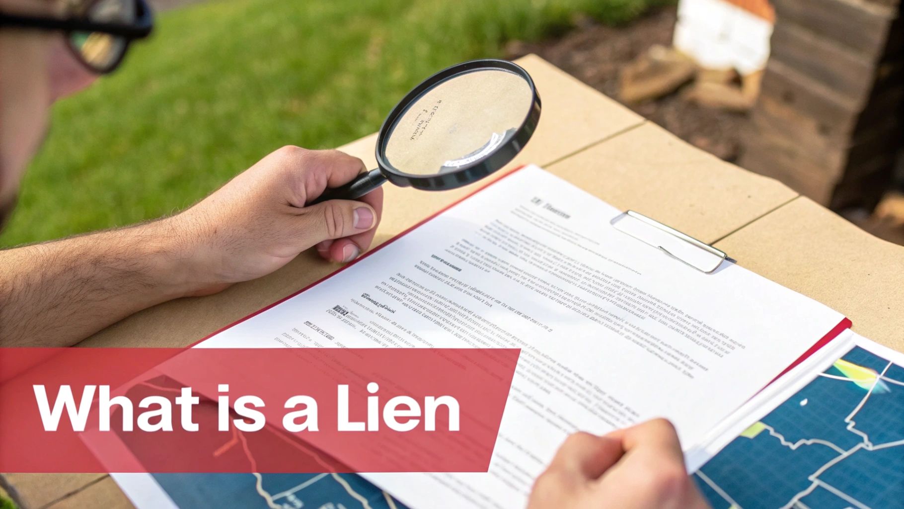 Hands using a magnifying glass to examine a document titled 'What is a Lien' outdoors.