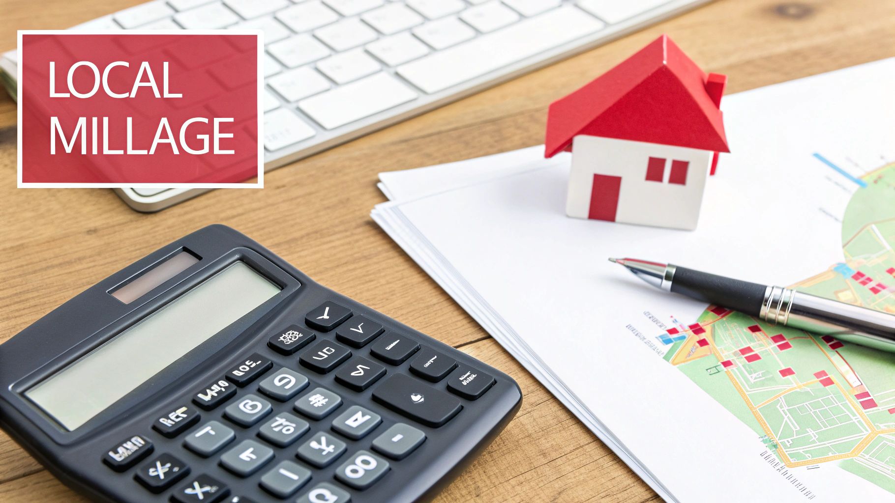 A calculator and a house model on a wooden table, illustrating tax calculations.