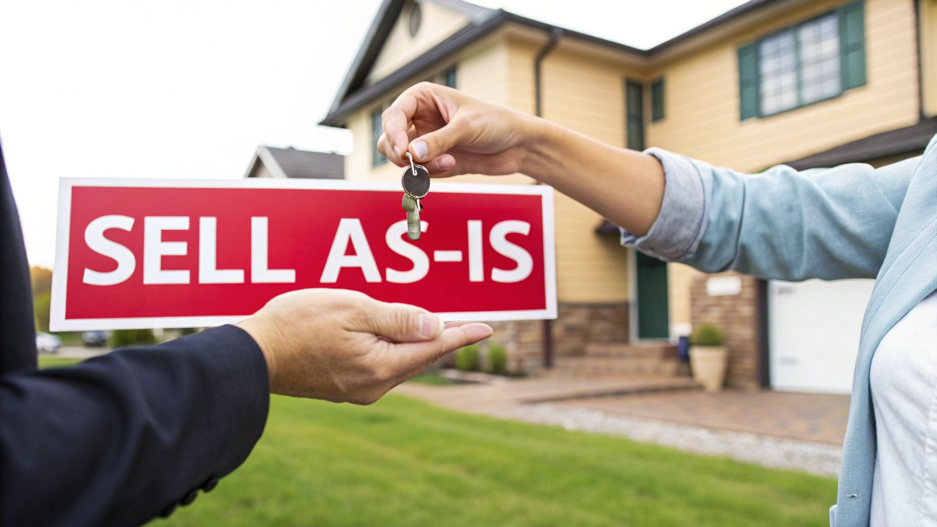 Hands exchanging house keys with a 'SELL AS-IS' sign in front of a residential house.