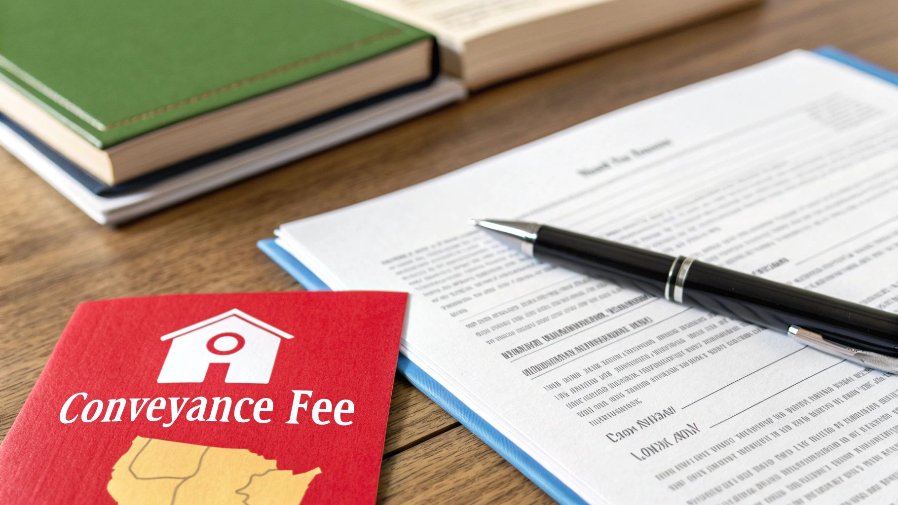Close-up of a red 'Conveyance Fee' document with a house icon, next to a contract and pen.