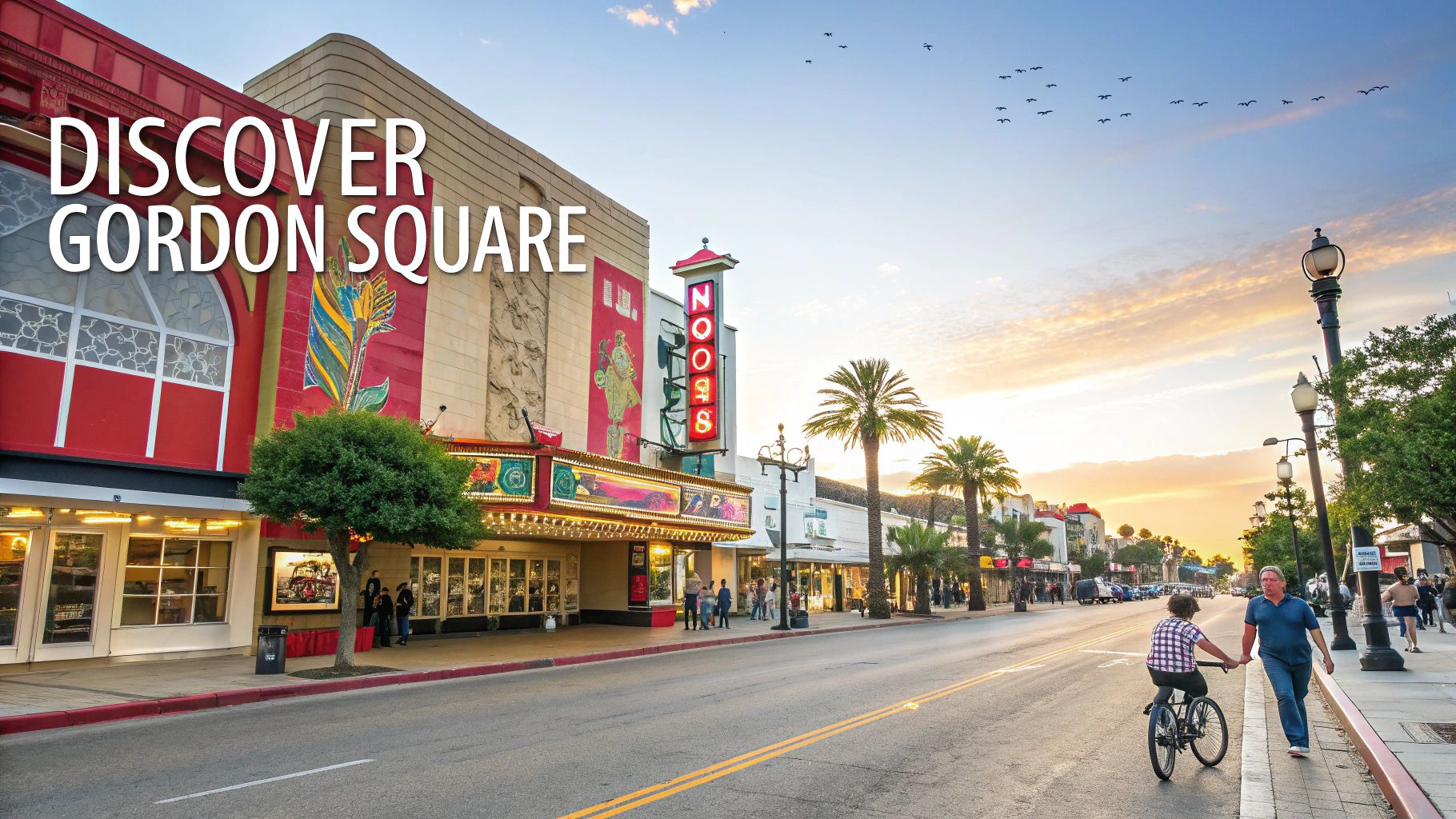 A bustling street scene at sunset in in Gordon Square, featuring a historic theater, palm trees, and people strolling and cycling.