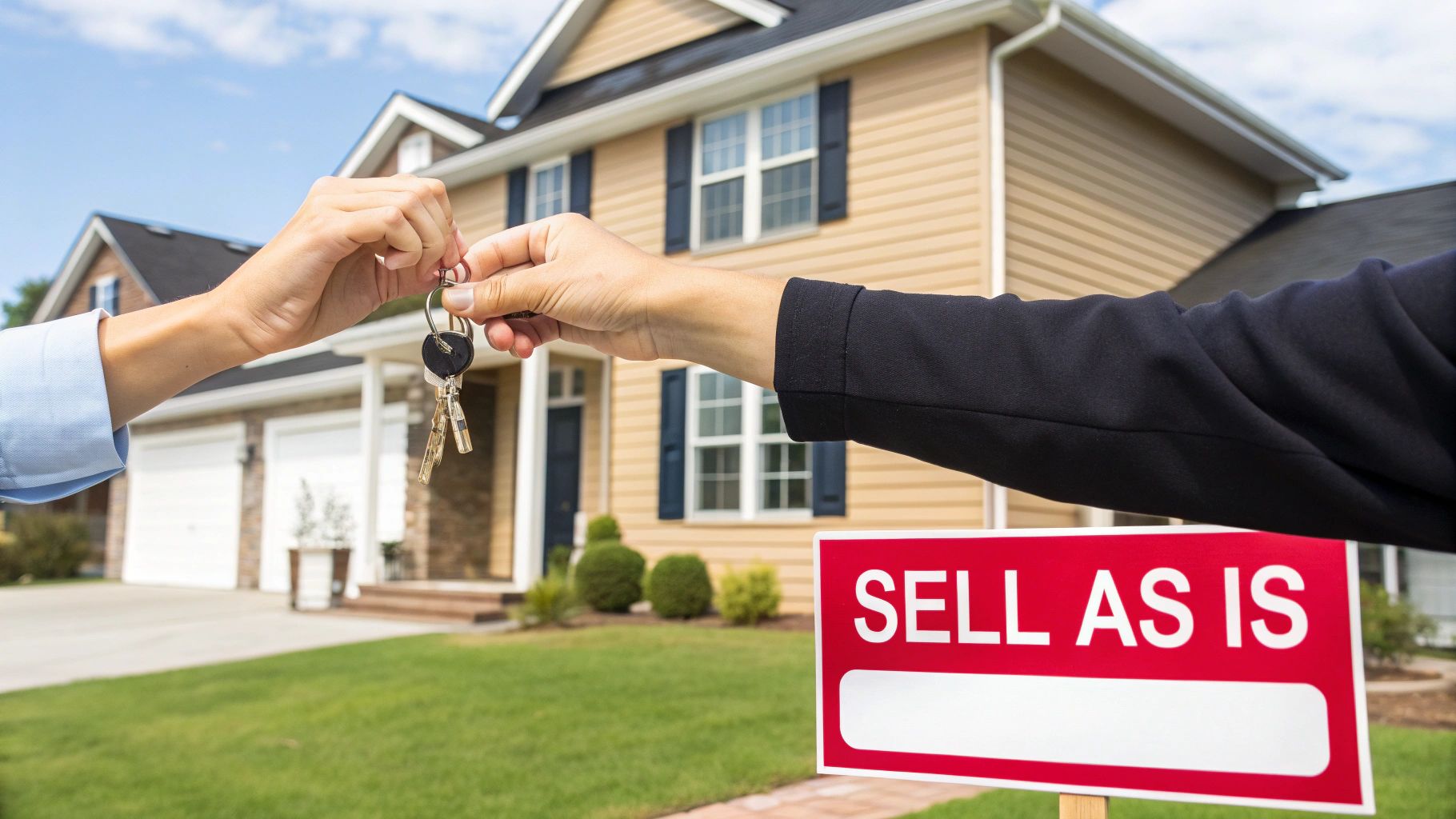 Two hands exchanging a set of house keys in front of a beige residential home with a 'SELL AS IS' sign.