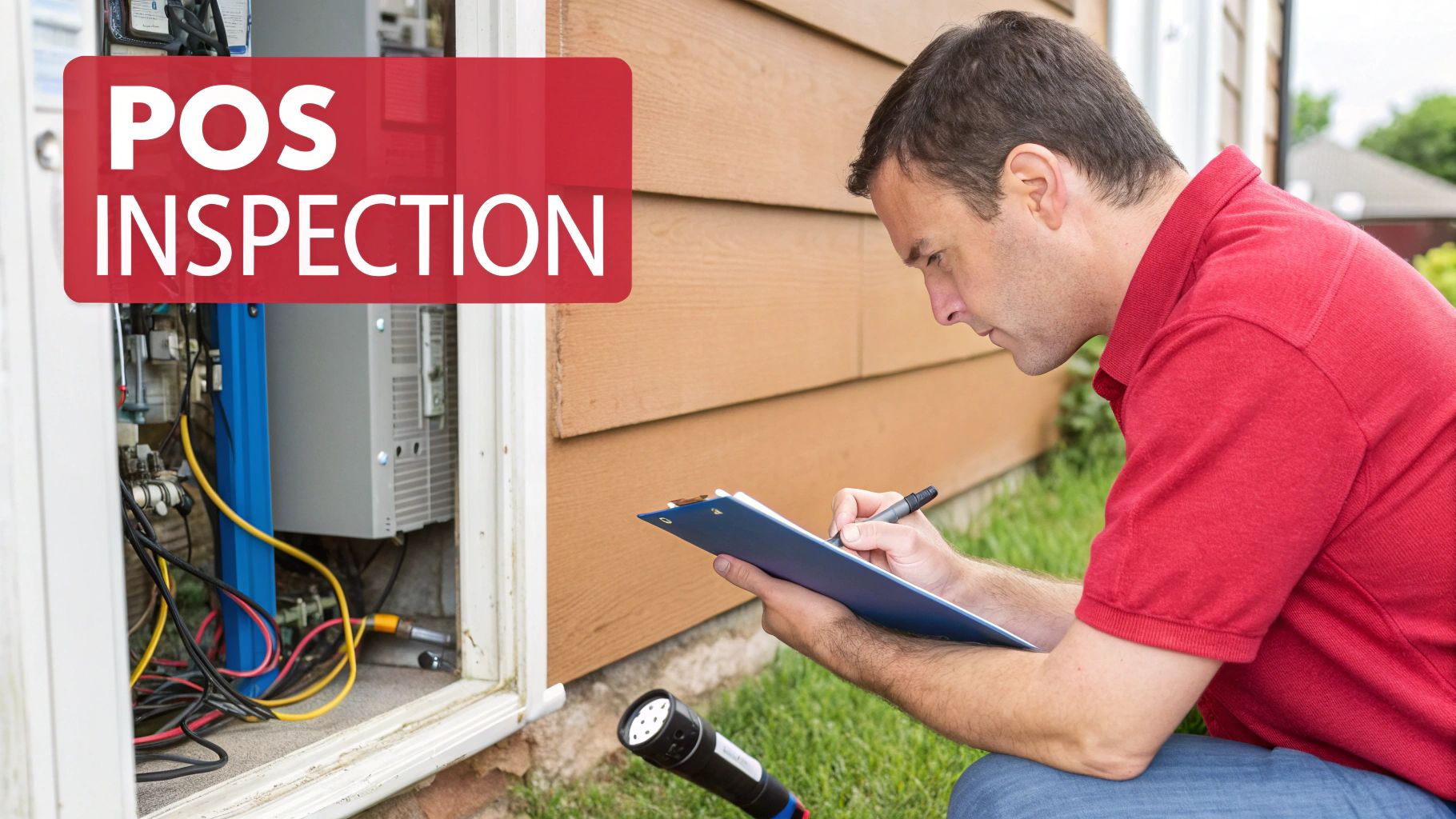 A man in a red shirt performs a POS inspection, writing on a clipboard while examining an outdoor utility box with many wires.
