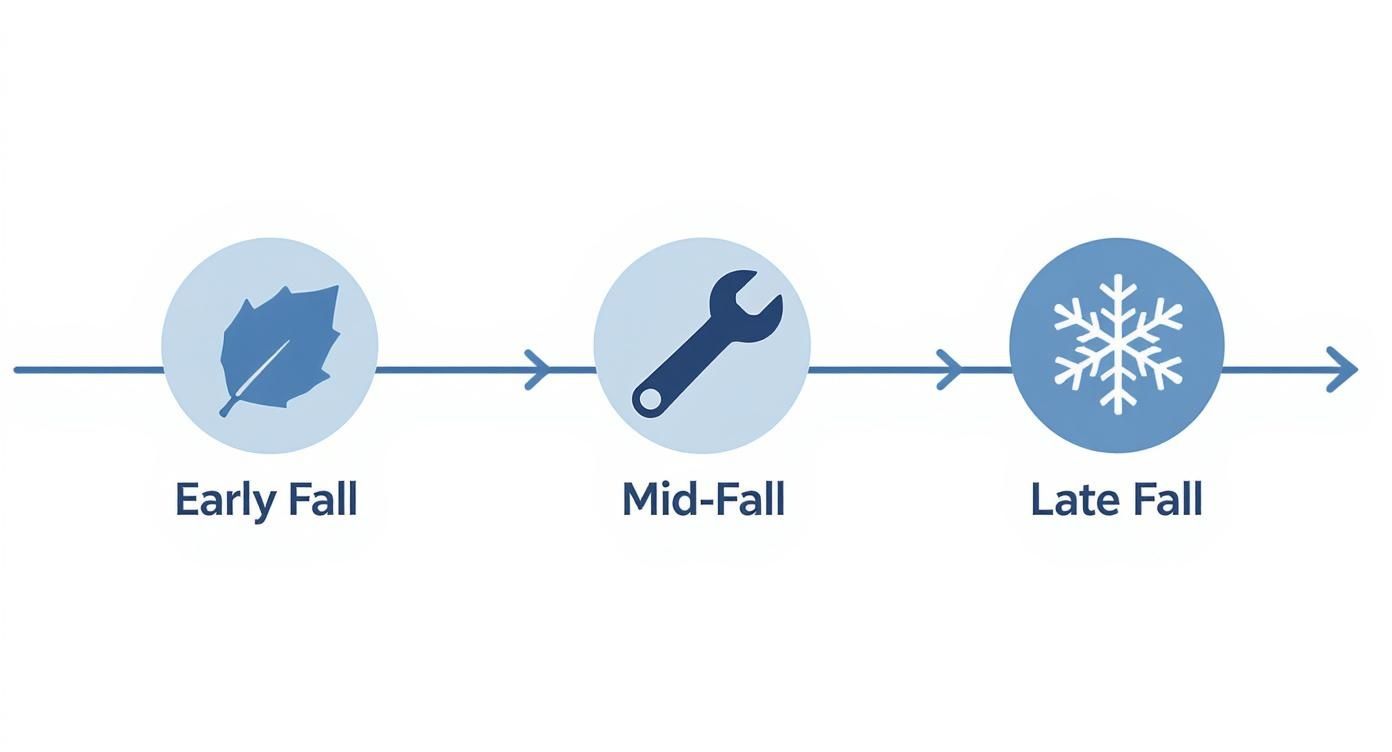 A fall seasonal timeline showing early fall with a leaf, mid-fall with a wrench, and late fall with a snowflake.
