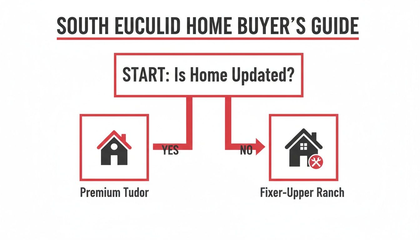 Flowchart from a South Euclid Home Buyer's Guide asking 'Is Home Updated?', leading to Premium Tudor or Fixer-Upper Ranch.