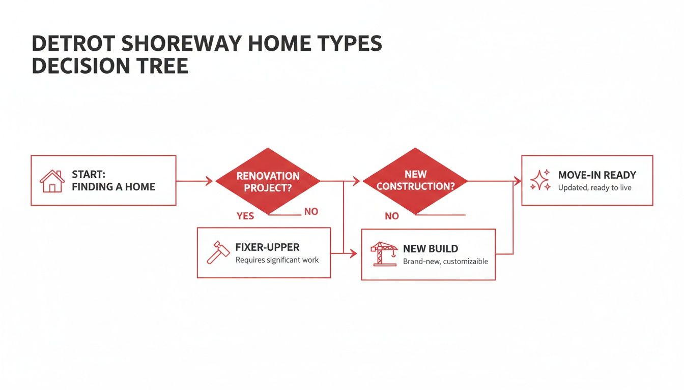 Decision tree outlining Detroit Shoreway home types: fixer-upper, new build, or move-in ready.