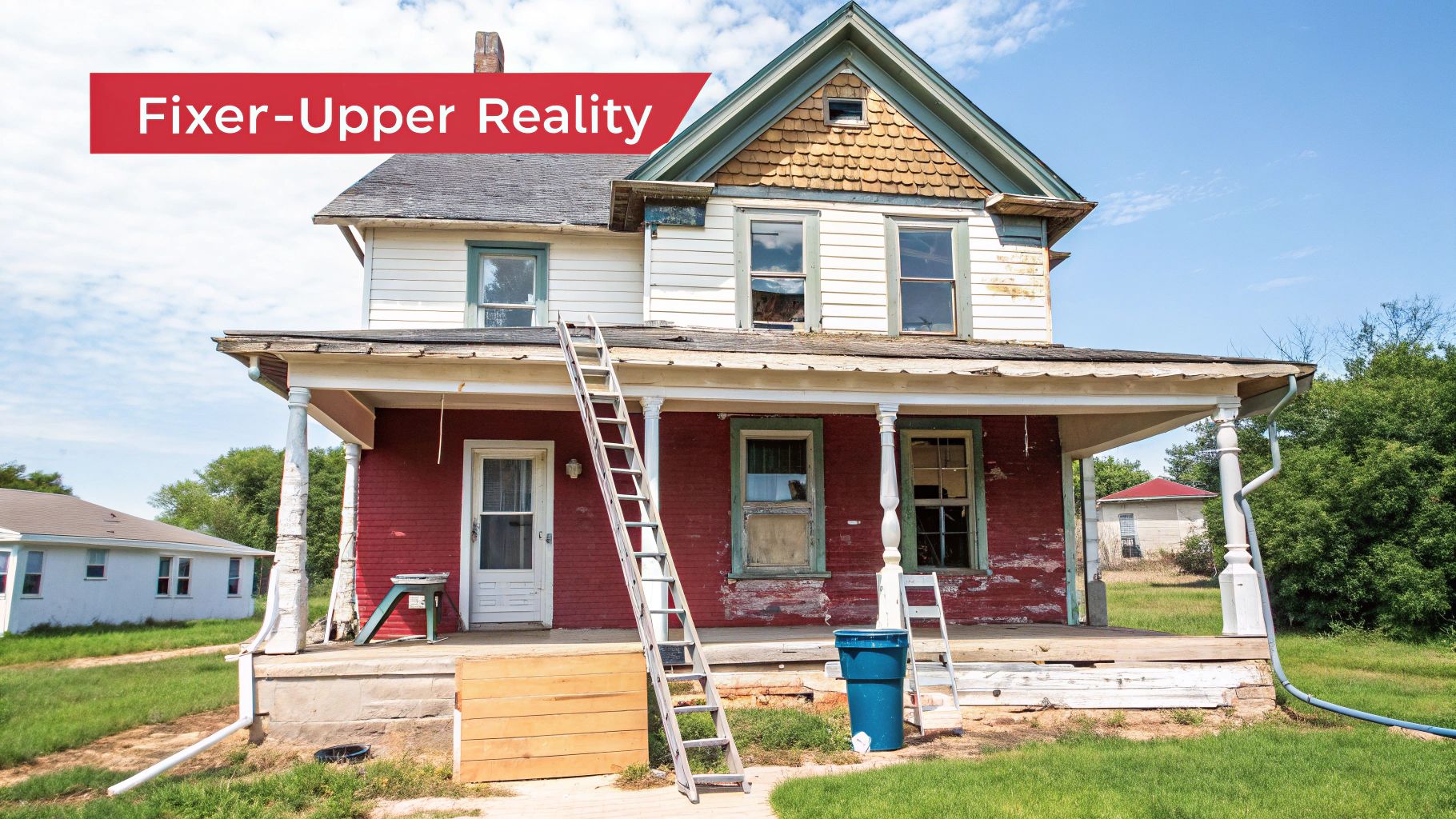 A dilapidated red and white two-story fixer-upper house with peeling paint and ladders on the porch.