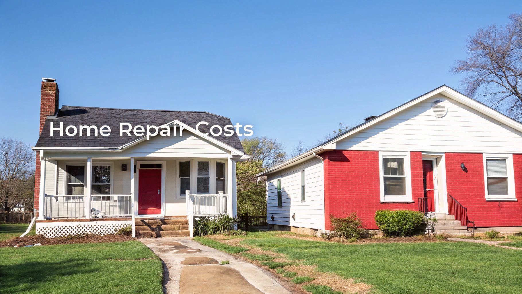 Two houses, one cream-colored with a red door and one red brick, under a blue sky, with text "Home Repair Costs" overlaid.