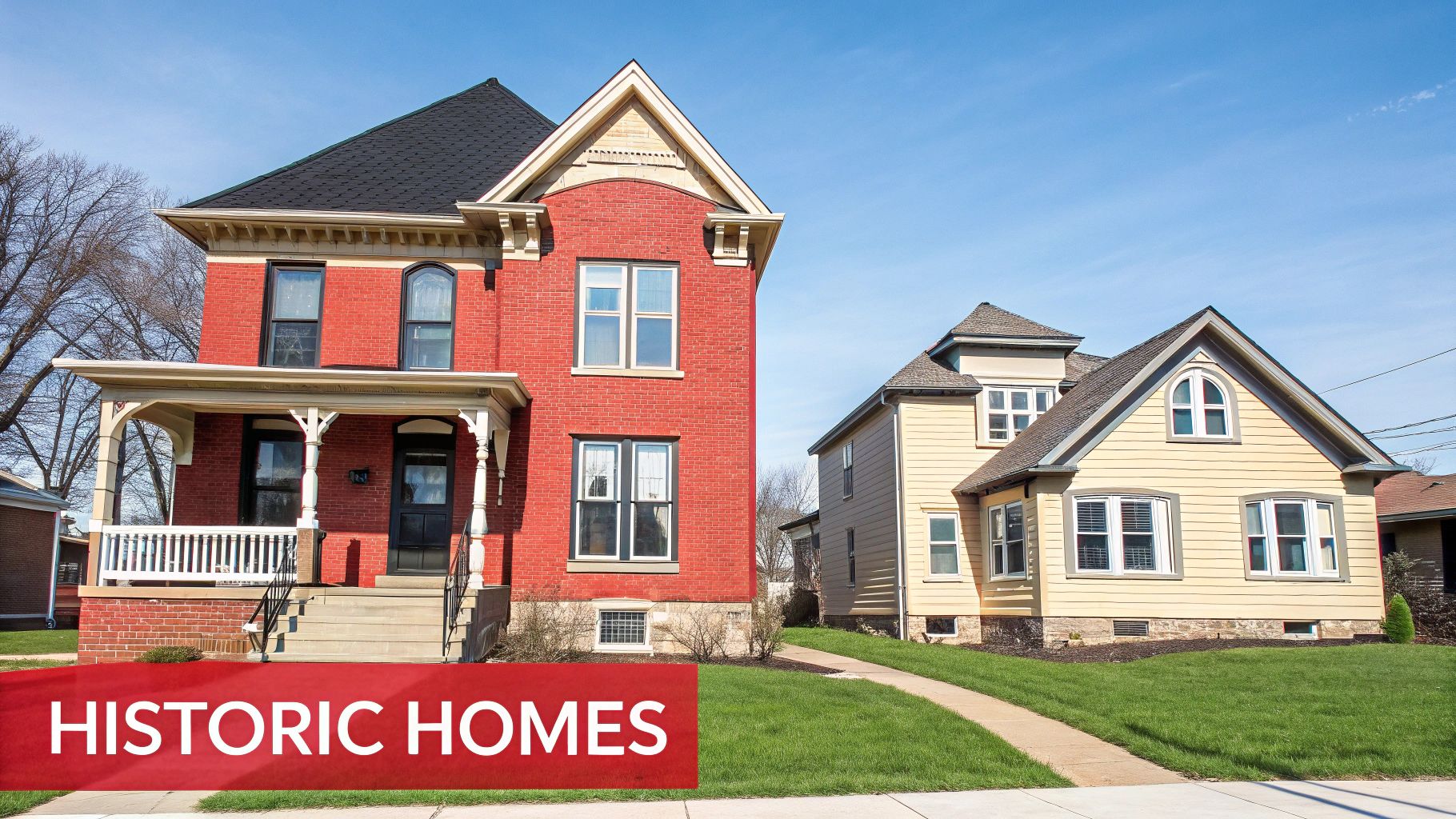 Two historic homes, a red brick house and a yellow house, under a clear sky.