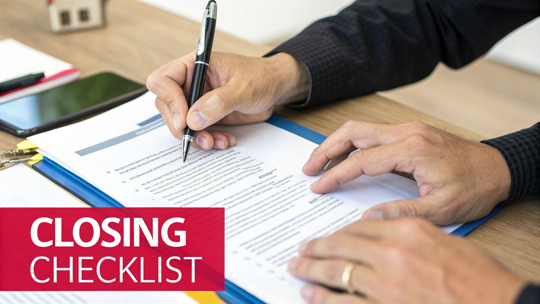 A person signing legal documents at a closing table, representing the final step of a home sale.