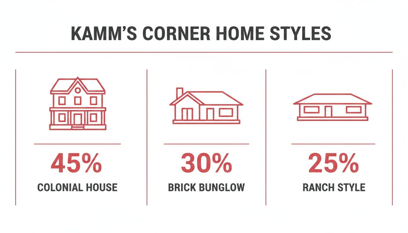 Infographic showing Kamm's Corner home styles: Colonial (45%), Brick Bungalow (30%), and Ranch (25%).