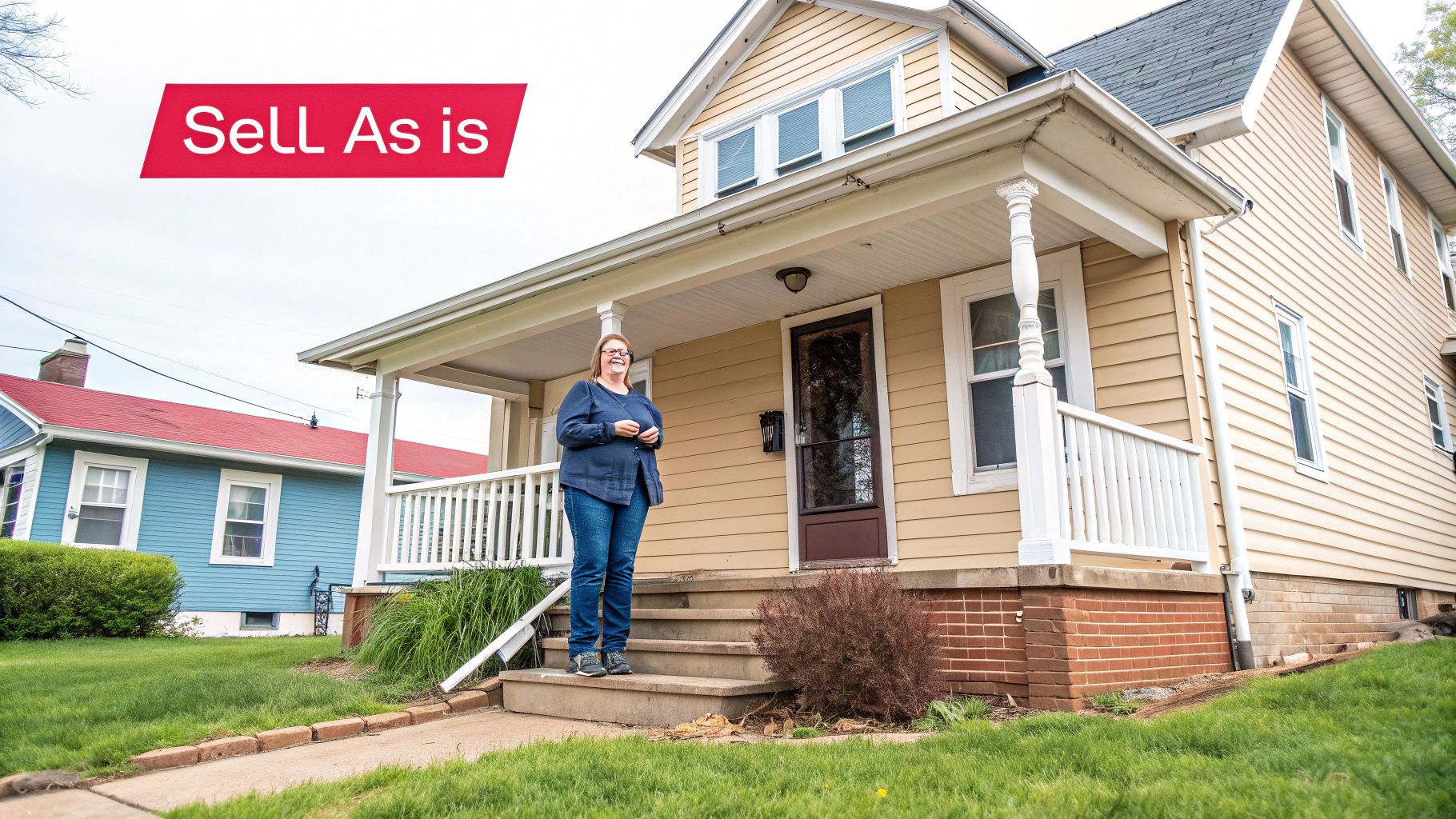 A smiling woman stands on the steps of a yellow house with a red 'Sell As Is' banner.