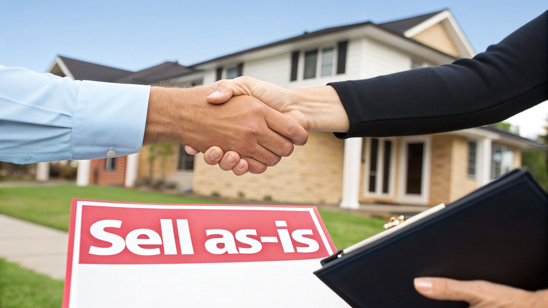 A friendly handshake sealing a deal in front of a Mayfield Heights home.