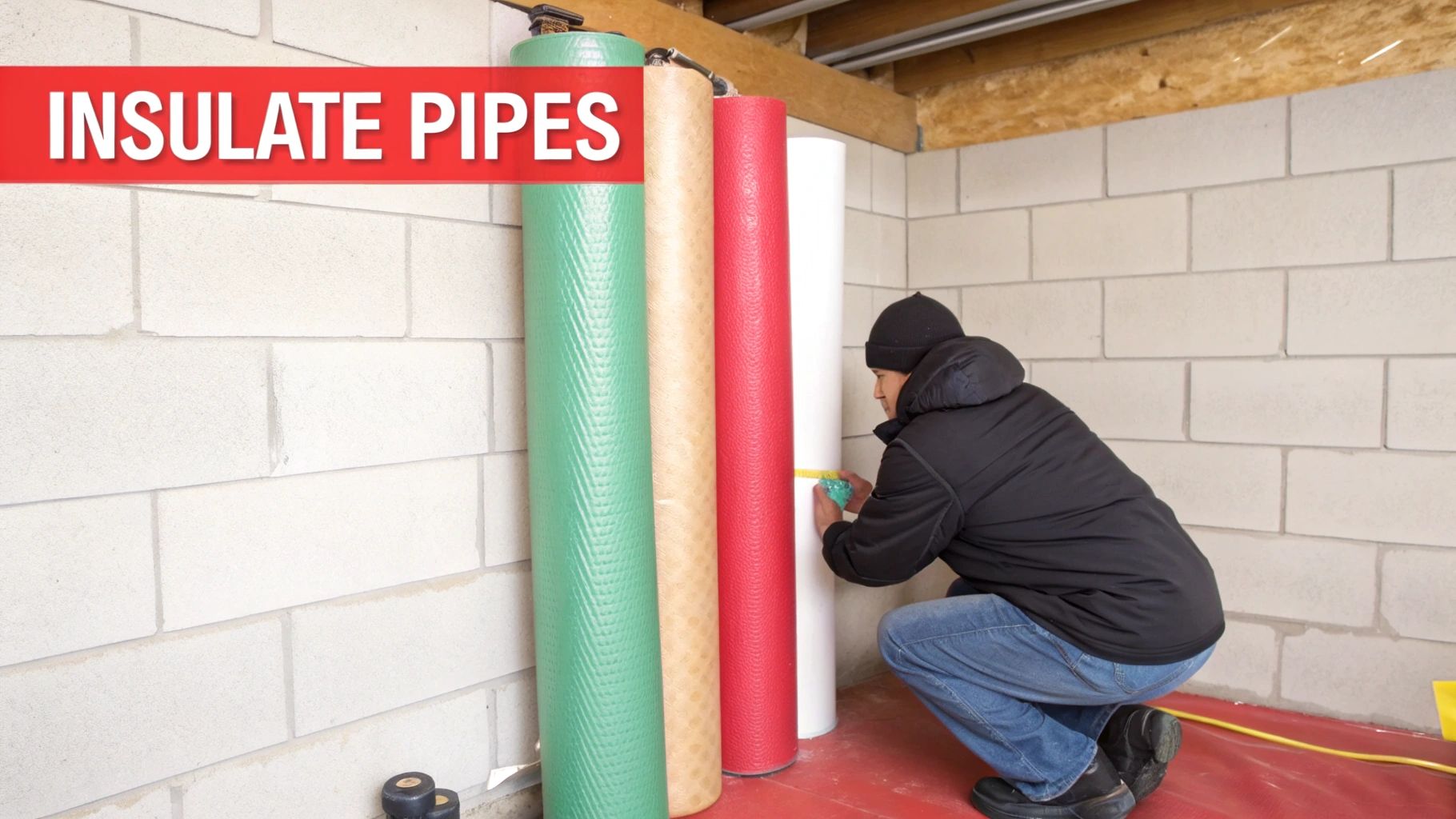 A person measures large rolls of pipe insulation in a basement, with a banner stating 'INSULATE PIPES'.