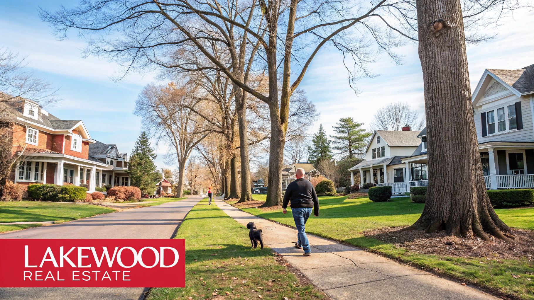 A man walks a dog on a sunny residential street lined with large trees and traditional houses.