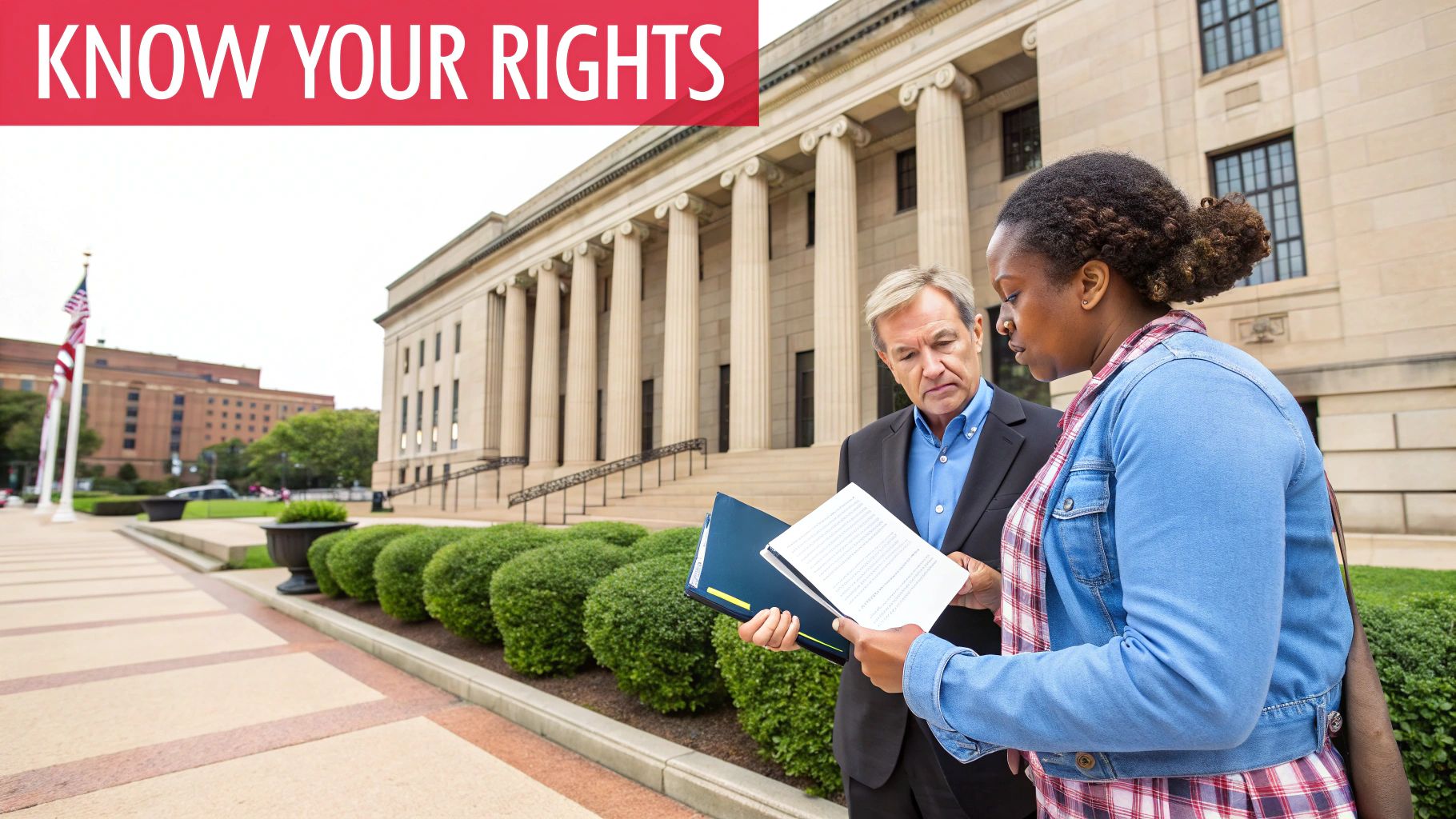 A stressed landlord reviewing paperwork in a rental property kitchen.