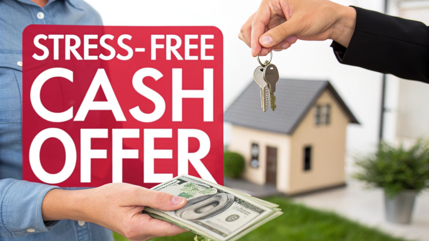 A smiling couple signing documents to sell their home, representing a stress-free solution.
