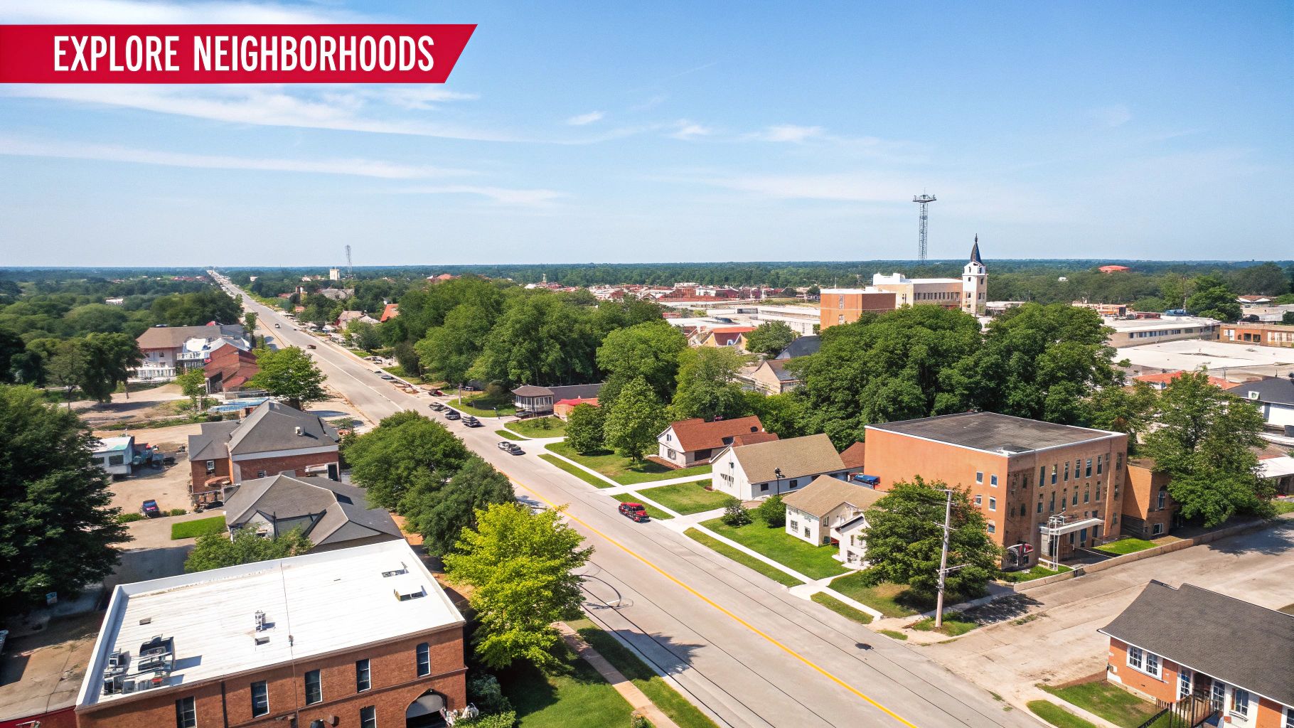 Aerial view of a quiet suburban neighborhood with a long road, houses, and trees under a blue sky.