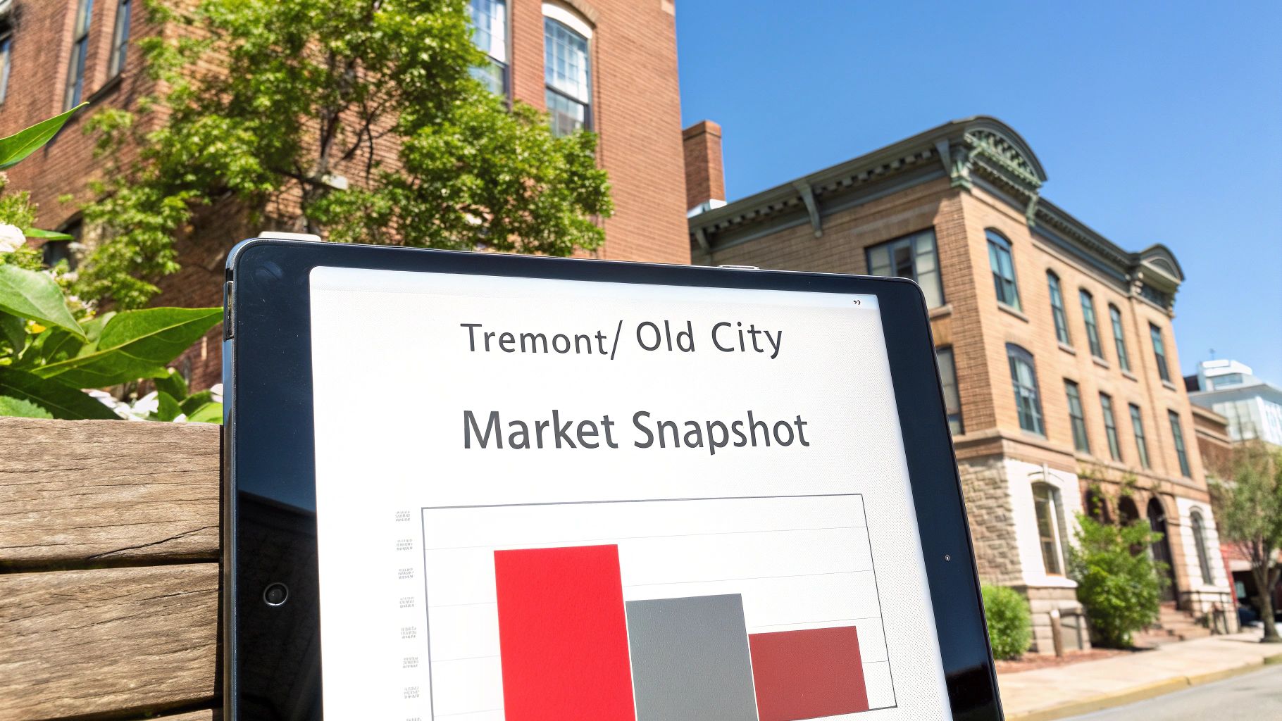 Tablet displaying Tremont Old City Market Snapshot with colorful bar chart against historic Cleveland neighborhood buildings