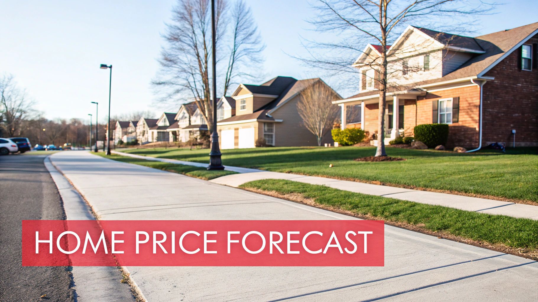 A row of suburban homes with green lawns and sidewalks under a clear sky, featuring a 'Home Price Forecast' banner.