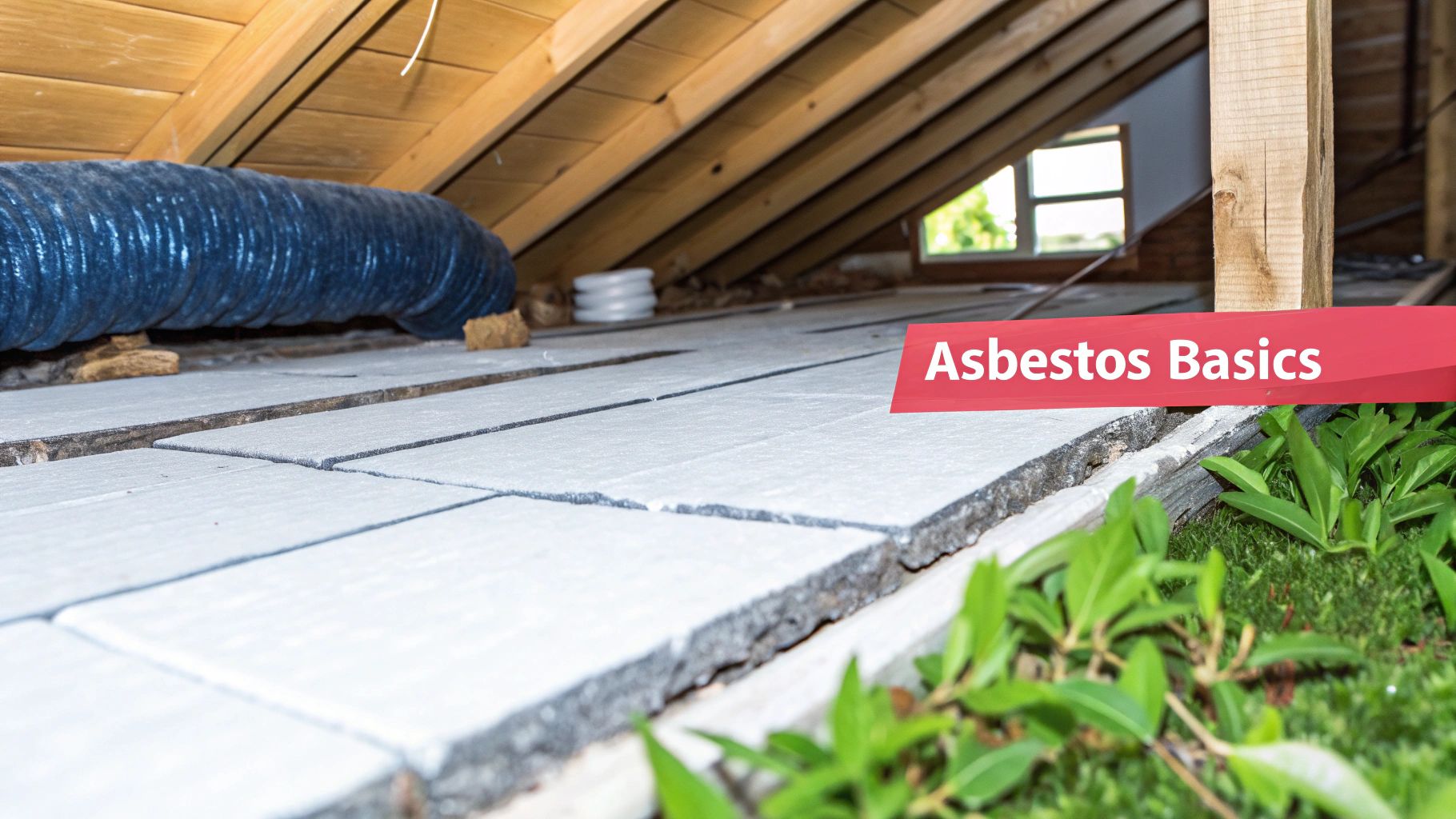 An attic space featuring wooden rafters, a blue flexible duct, and white insulation panels. A red banner states "Asbestos Basics".