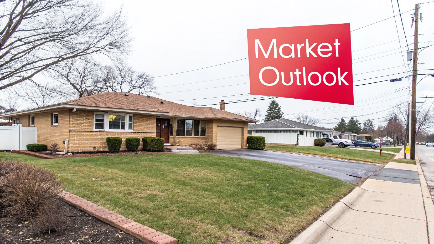 A classic brick ranch-style house with a brown roof and green lawn in a suburban neighborhood.