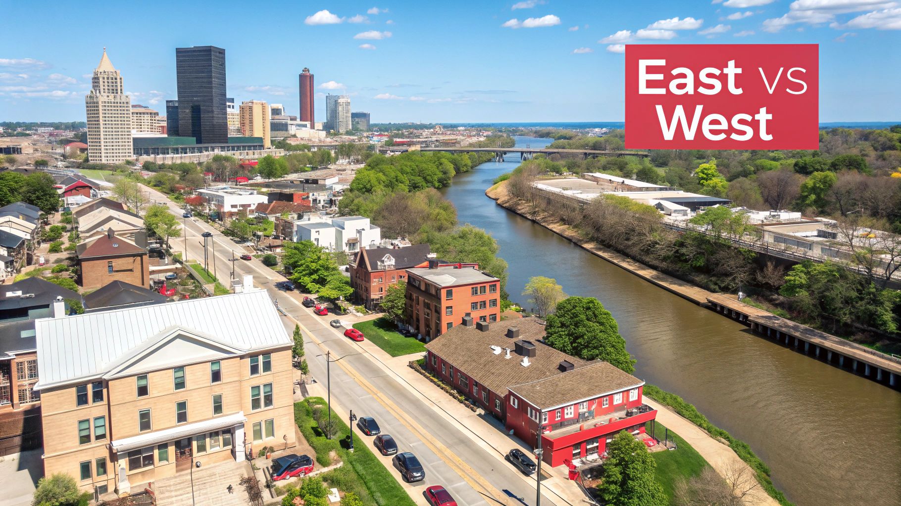 Aerial view of a vibrant city with a winding river, bridges, and diverse architecture under a clear sky.