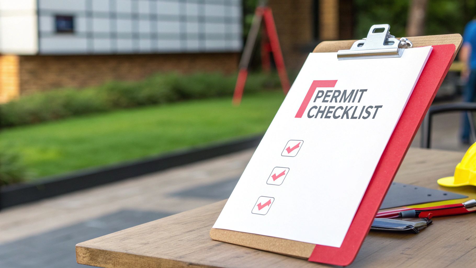A clipboard displays a 'PERMIT CHECKLIST' with three checked boxes on a wooden table.