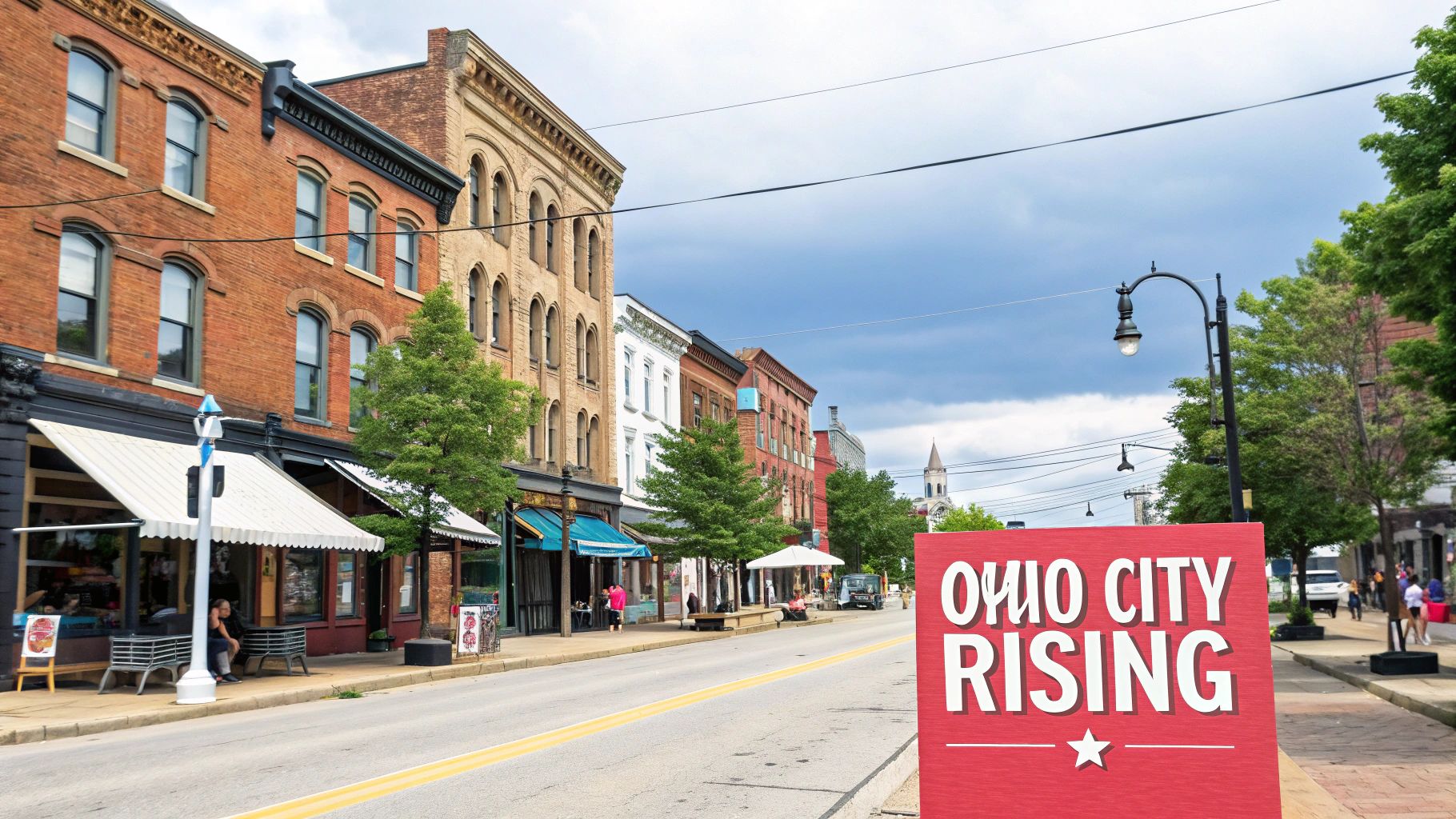 A vibrant street scene in Ohio City with historic brick buildings, trees, and a 'Ohio City Rising' sign.