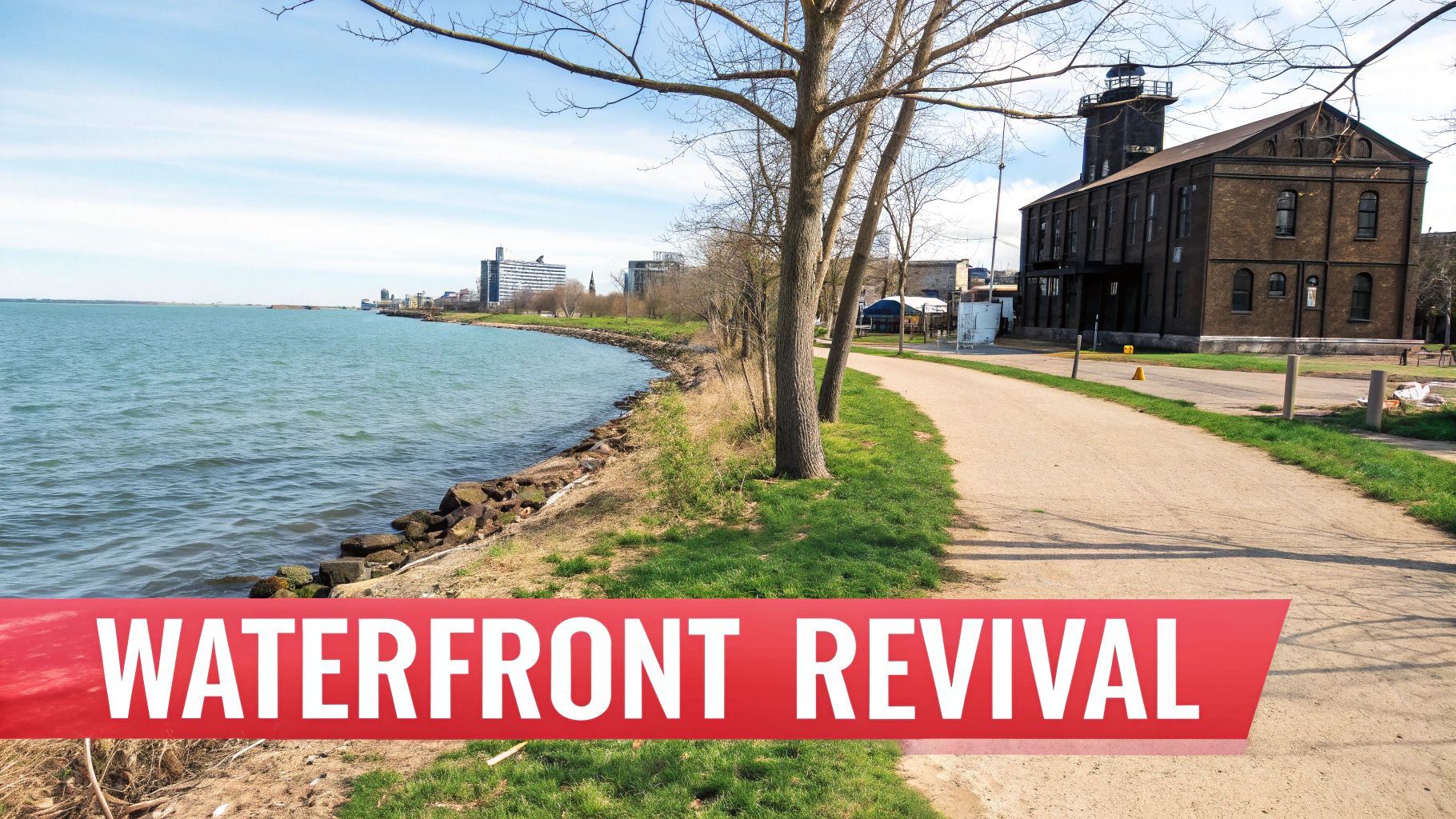 A sunny waterfront path with bare trees, a historic brick building, and a distant city skyline.