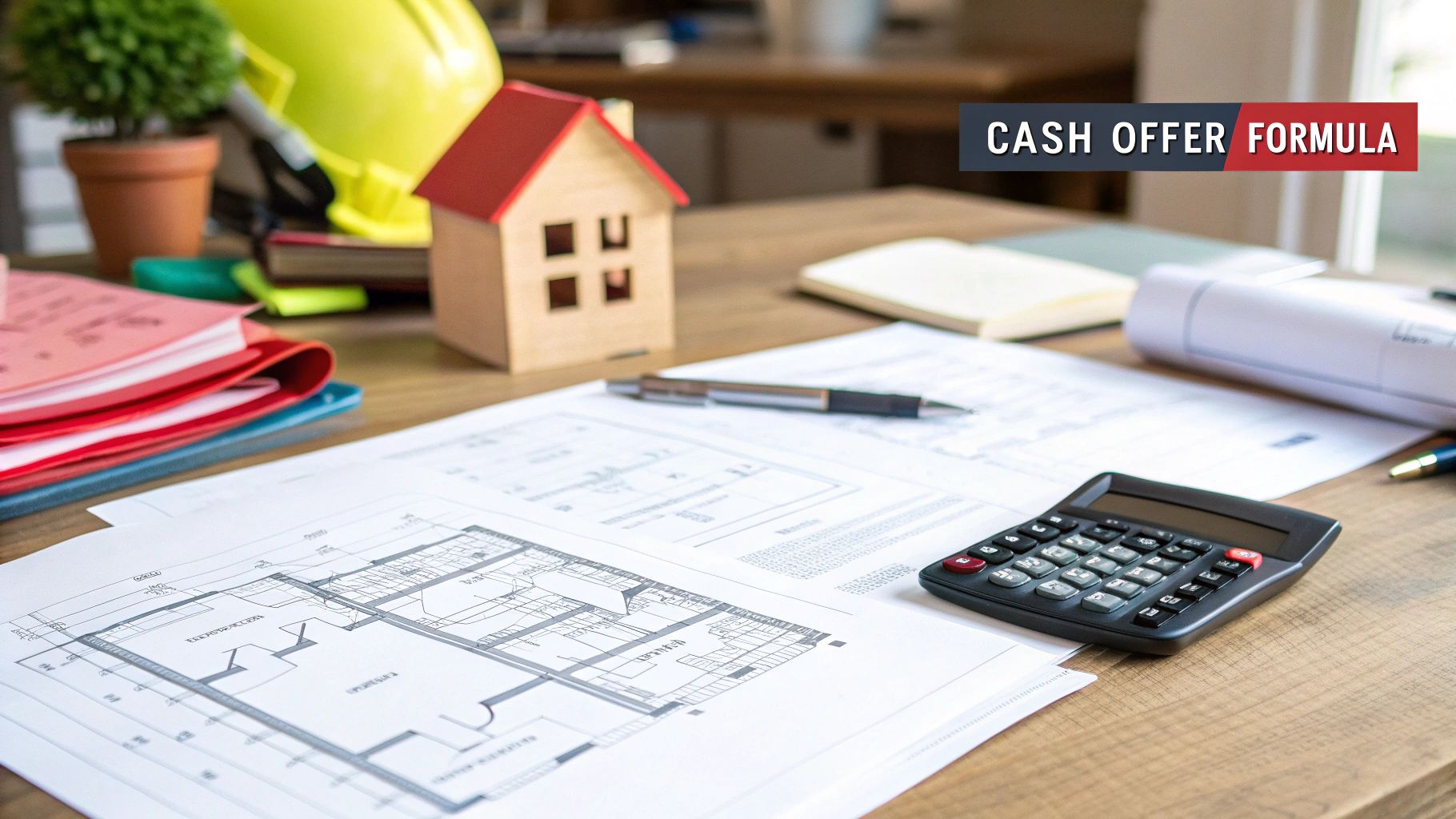 A calculator and house keys on a wooden table, representing the process of calculating a home offer.