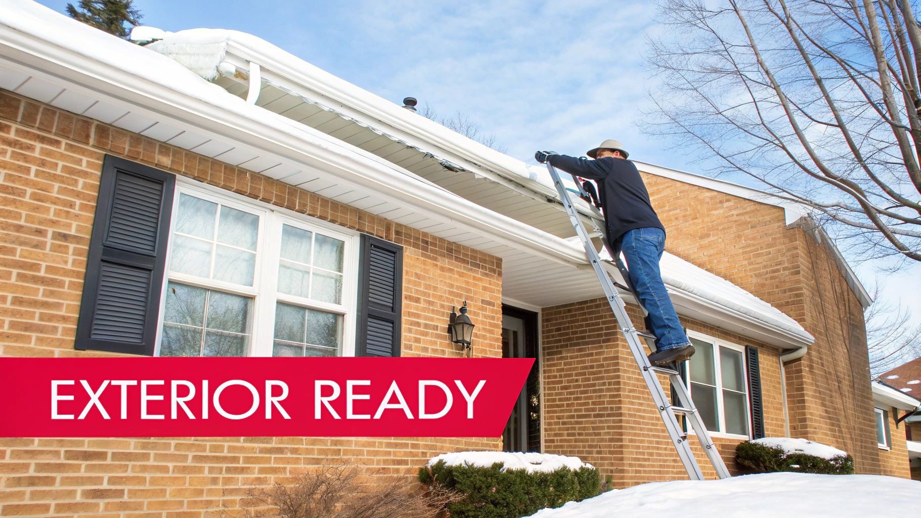 A man on a ladder cleaning snow from house gutters on a snowy winter day, preparing the exterior.