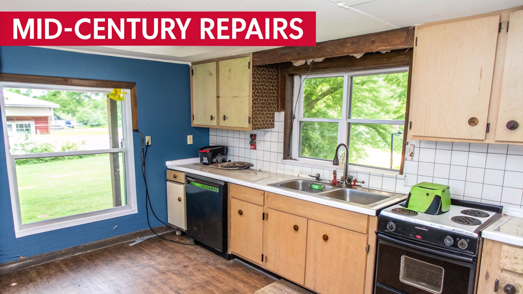 A dated mid-century kitchen with blue walls, wood cabinets, white tile backsplash, and appliances, showing need for repairs.