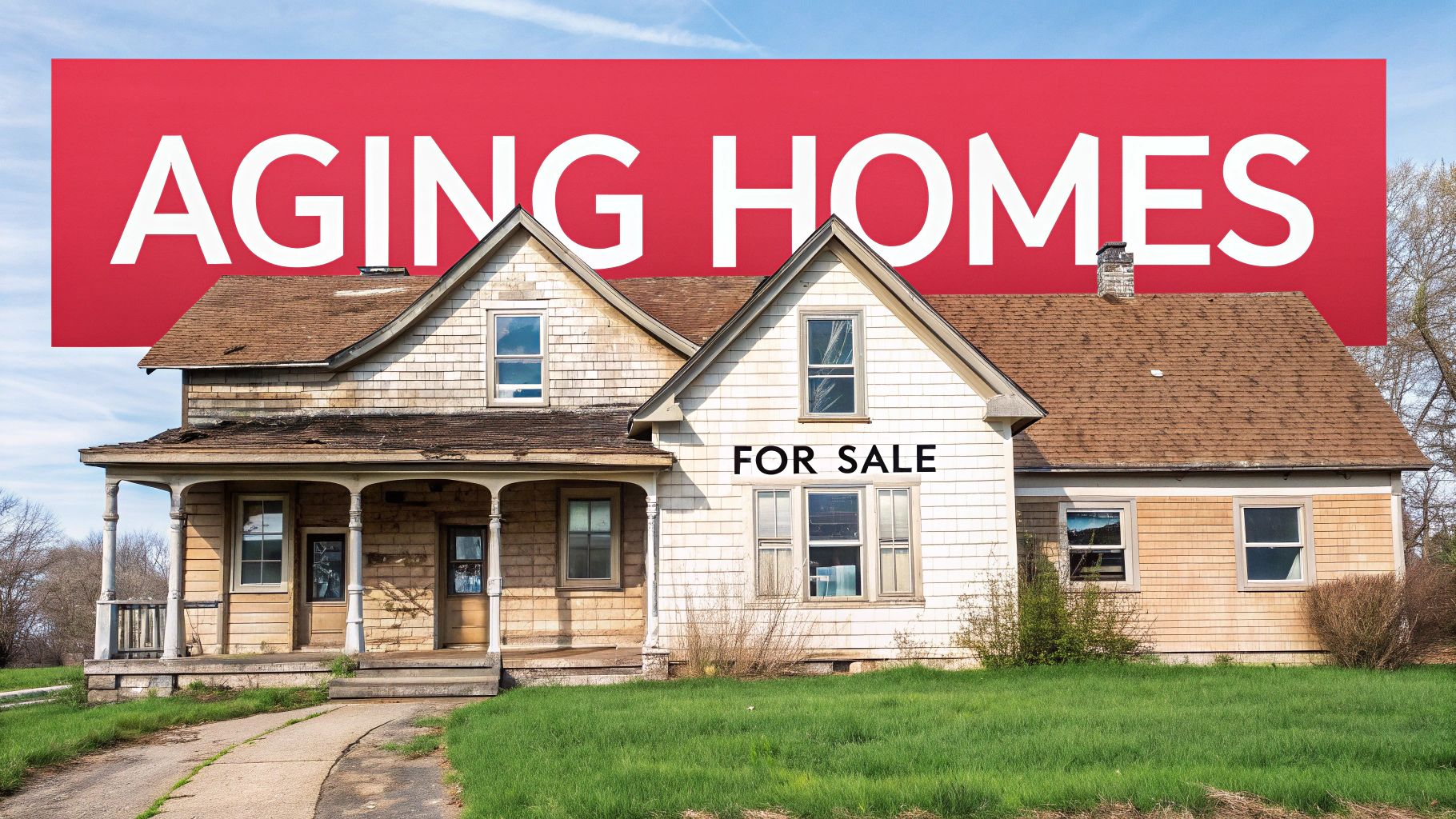 An old, dilapidated house with a 'For Sale' sign under a red banner saying 'Aging Homes'.