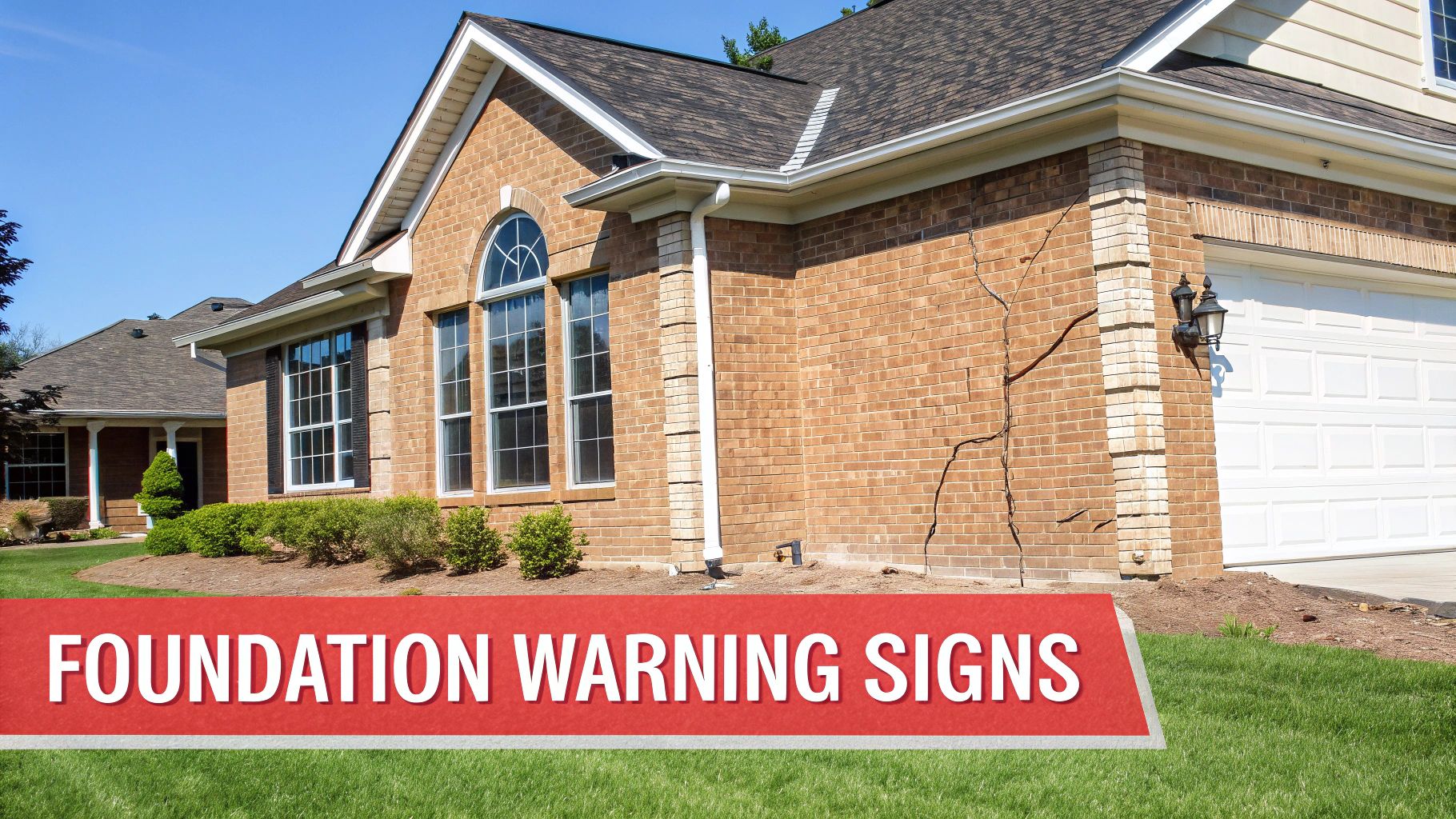 A close-up of a significant crack in a home's brick foundation wall.