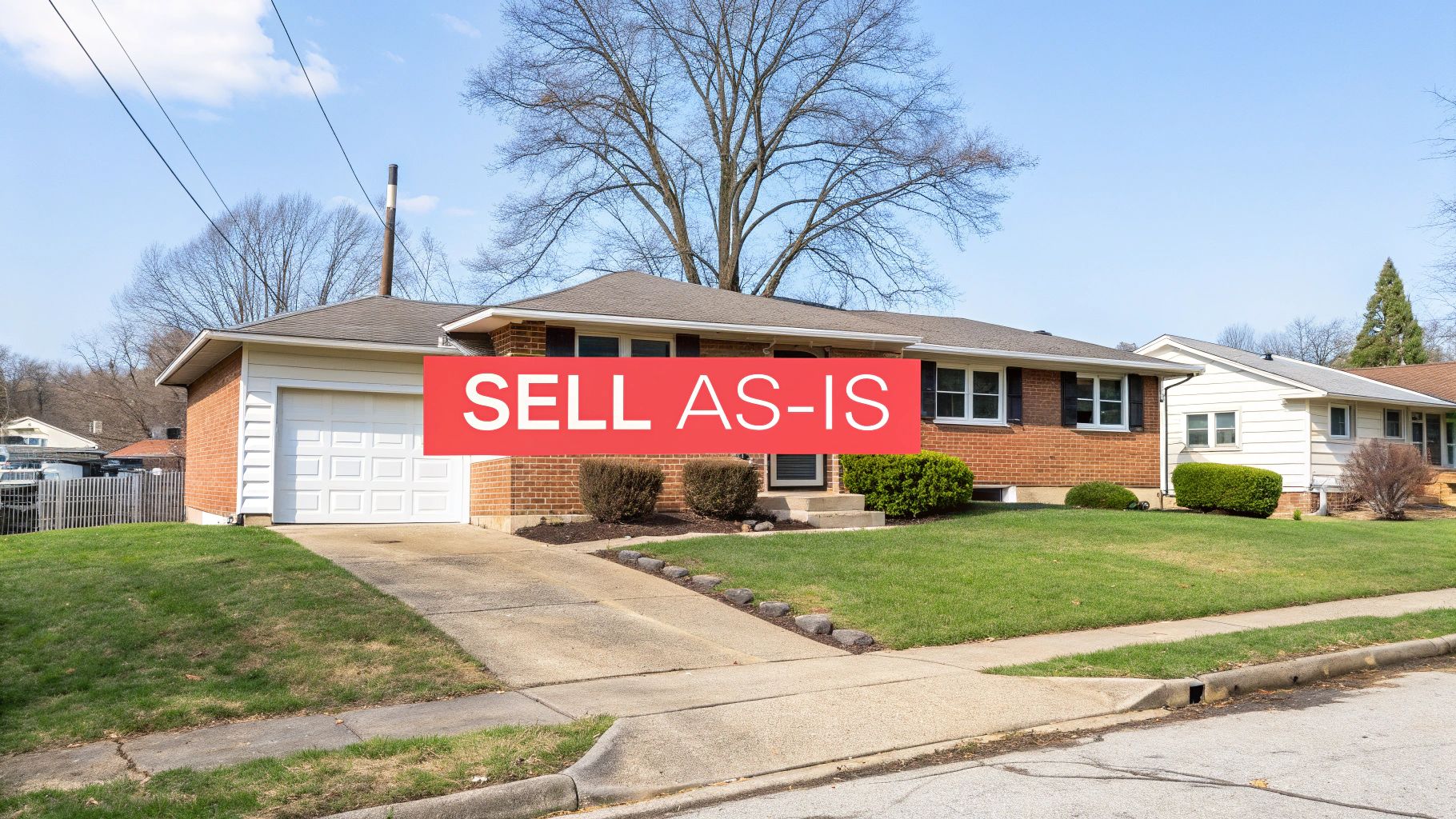 A brick house with a white garage and a prominent red 'SELL AS-IS' sign in the front yard.
