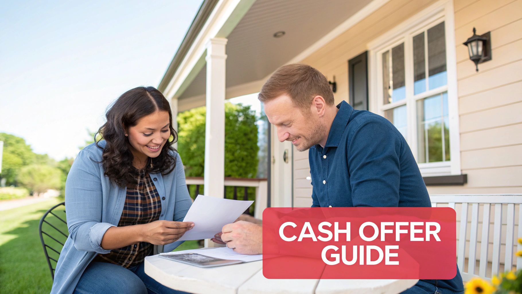 Two people smiling while reviewing documents together outdoors, with 'CASH OFFER GUIDE' text.