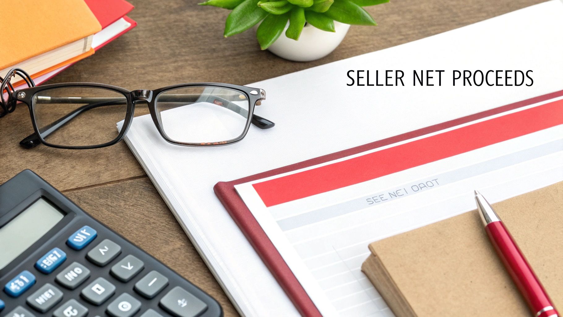 A desk with a calculator, eyeglasses, and documents showing 'SELLER NET PROCEEDS' and a pen.