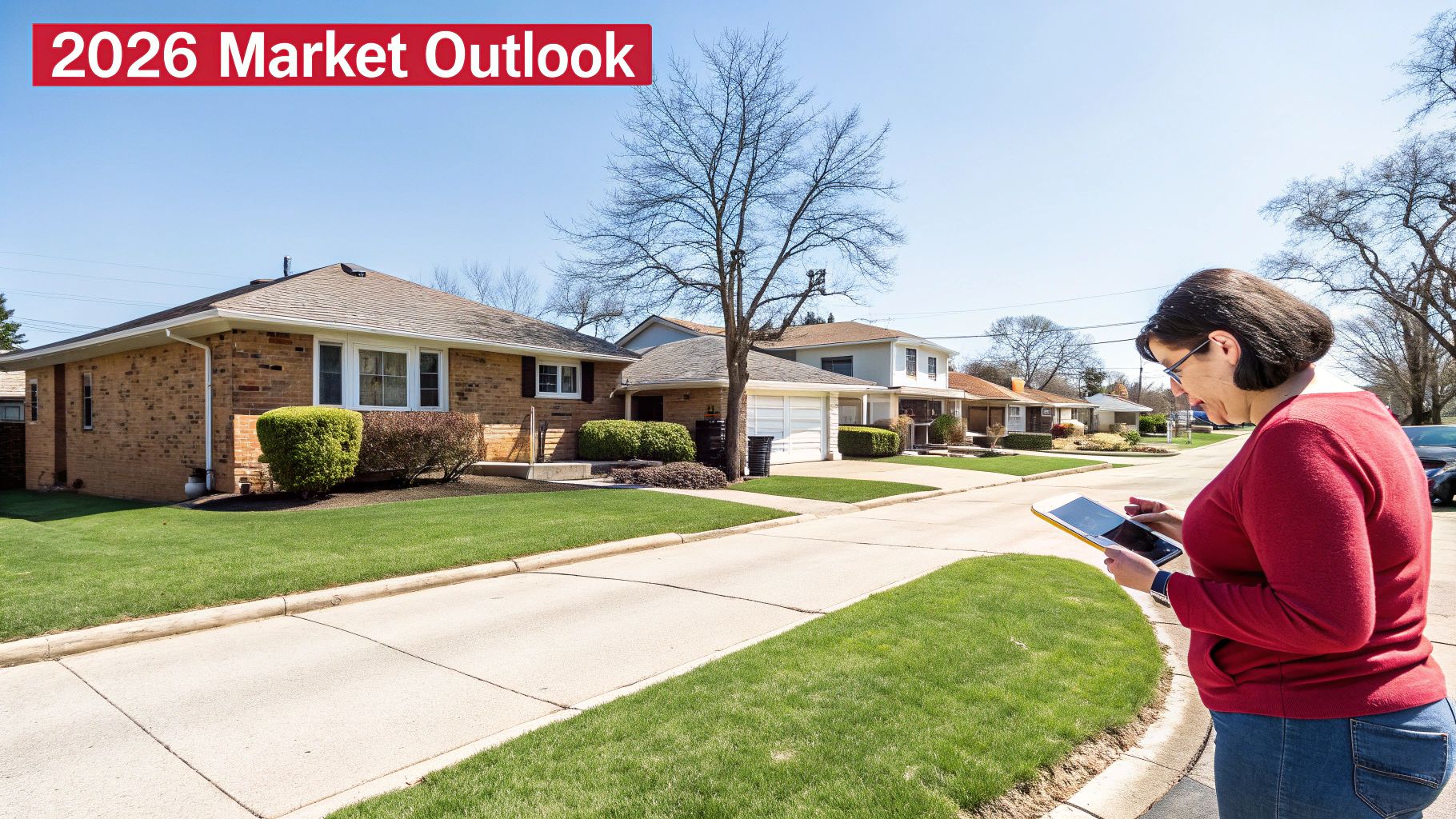 A woman on a suburban street looks at a tablet, with houses and a "2026 Market Outlook" text overlay.