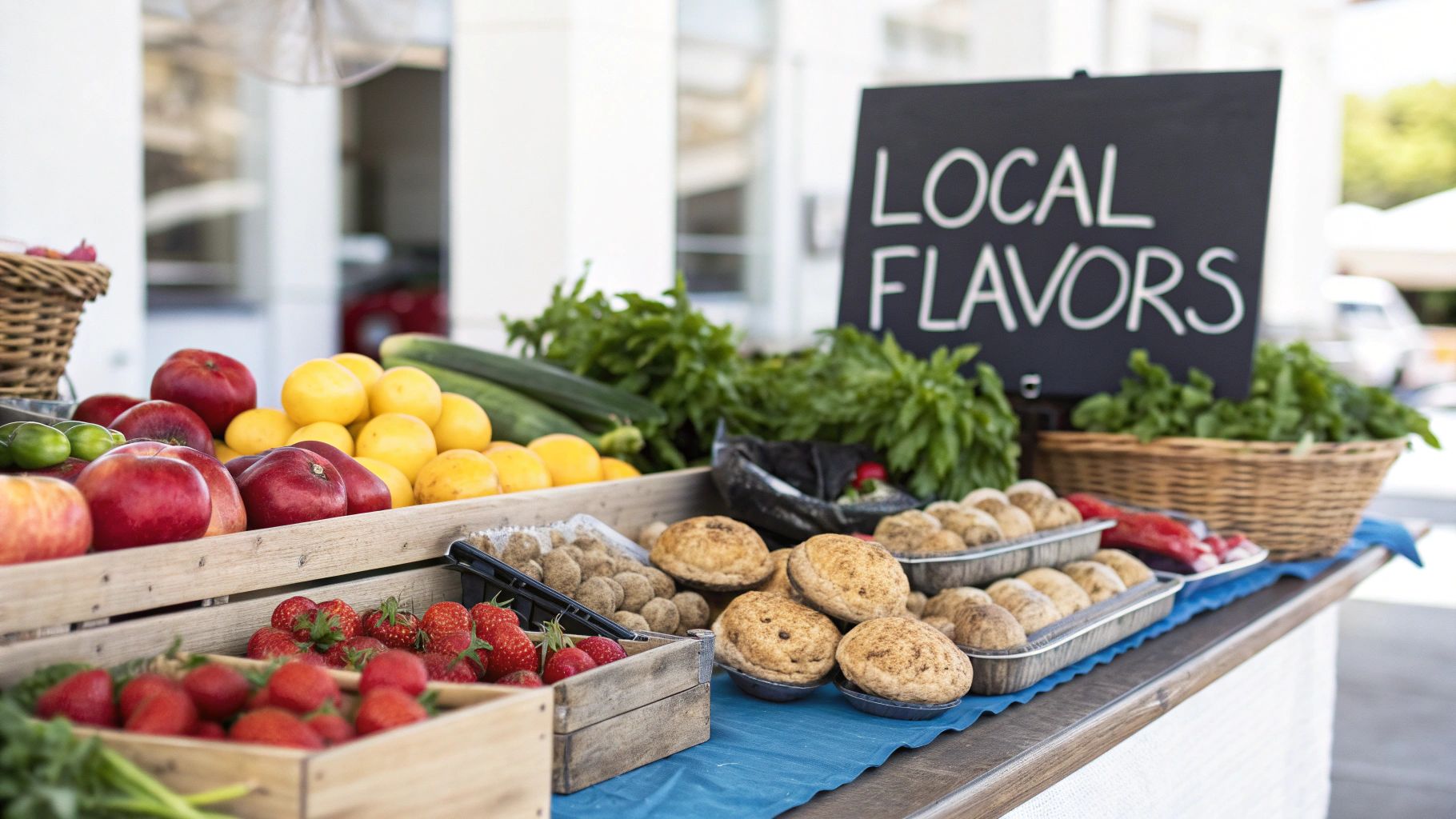 A market stall filled with fresh fruits, vegetables, and baked goods under a "Local Flavors" sign.