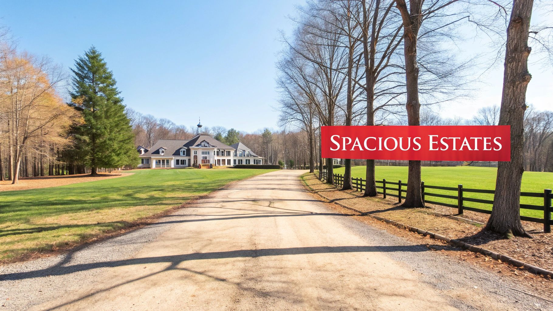 A long gravel driveway leads to a grand white estate house under a clear blue sky, with a red banner stating 'SPACIOUS ESTATES'.