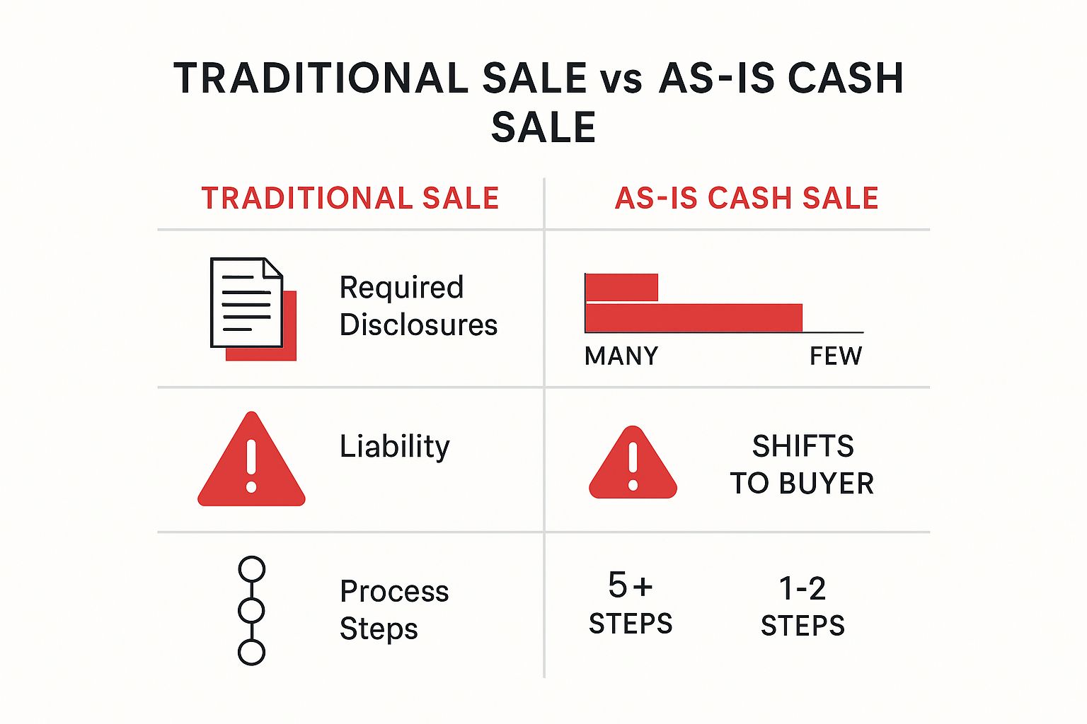 Infographic comparing the number of disclosures, liability, and process steps between a traditional home sale and an as-is cash sale.