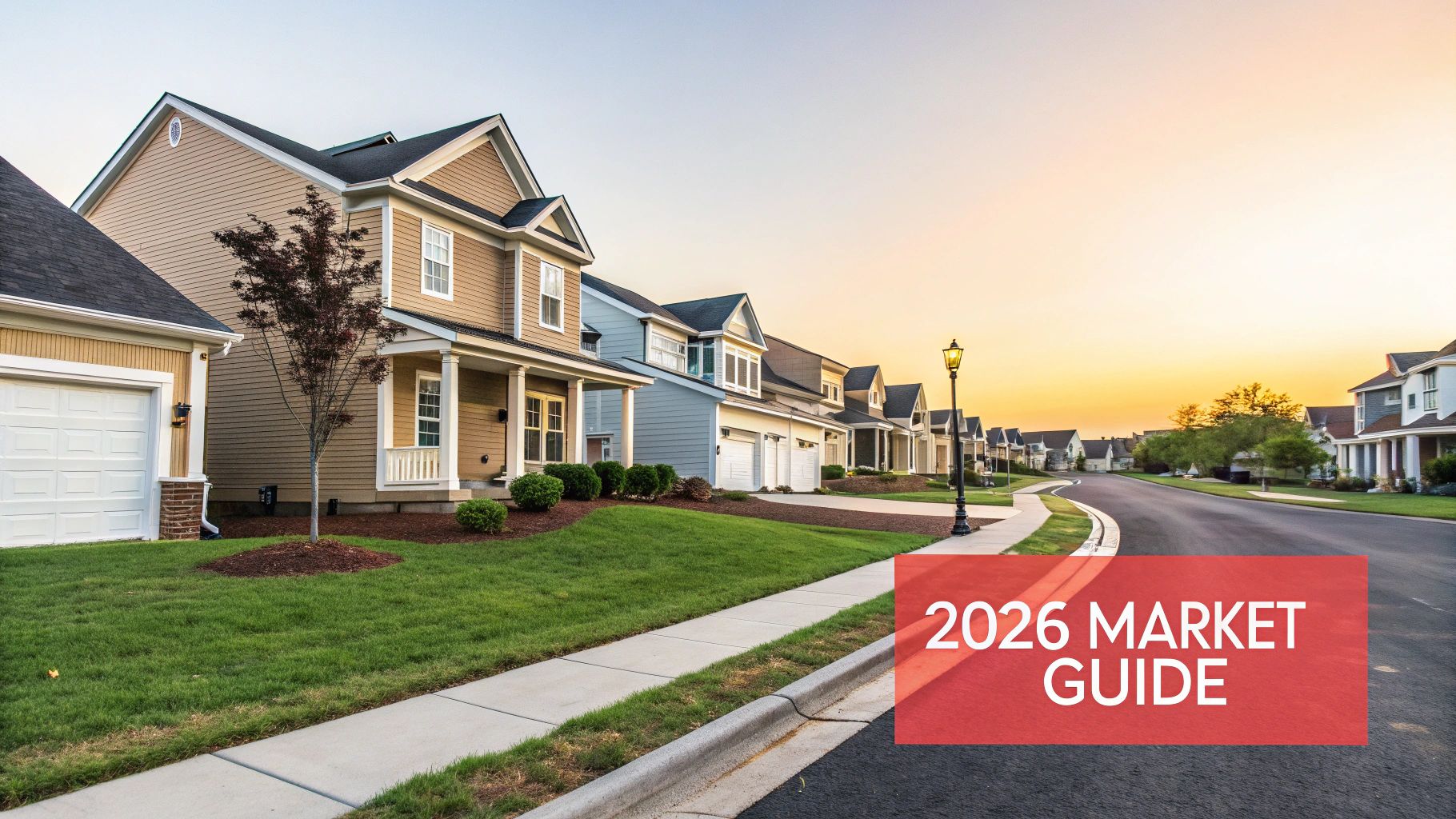 A scenic suburban street lined with modern houses, green lawns, and a sidewalk under a warm sky, featuring a '2026 MARKET GUIDE' banner.