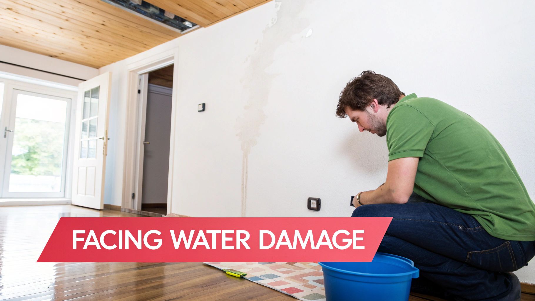 A water-damaged ceiling and wall in a house, showing stains and peeling paint.