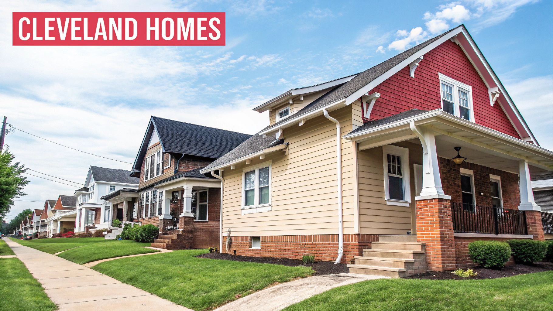 A scenic street view featuring a row of residential homes with green lawns in Cleveland, Ohio.