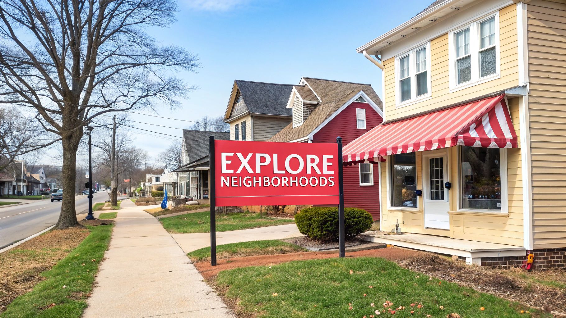 A quiet street scene with houses, a sidewalk, a tree, and an 'EXPLORE NEIGHBORHOODS' sign.