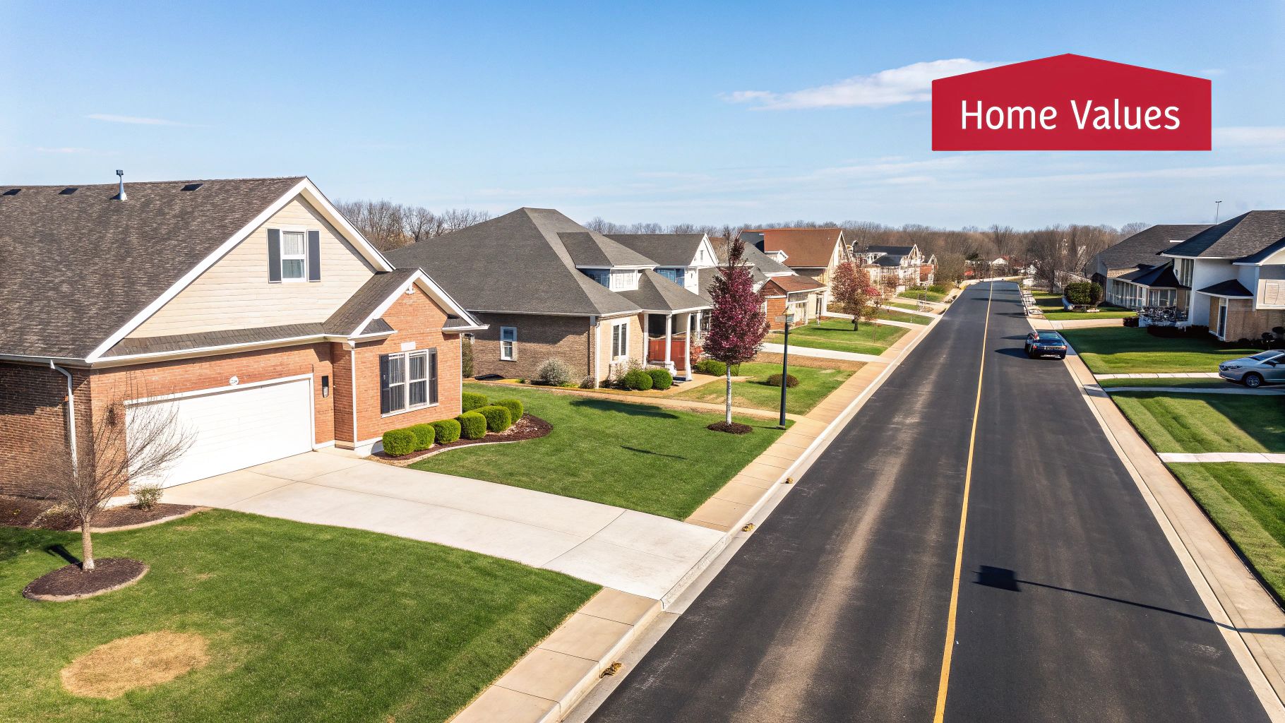 Aerial view of a quiet suburban street lined with brick homes, green lawns, and a 'Home Values' banner.