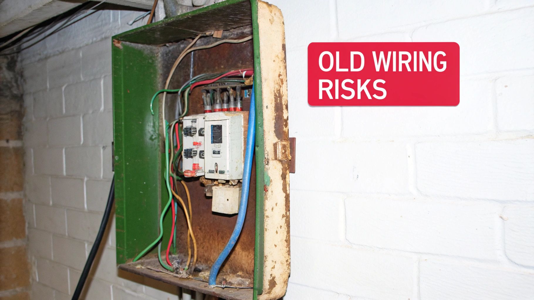 Close-up of a vintage fuse box with wires, common in older Cleveland homes.