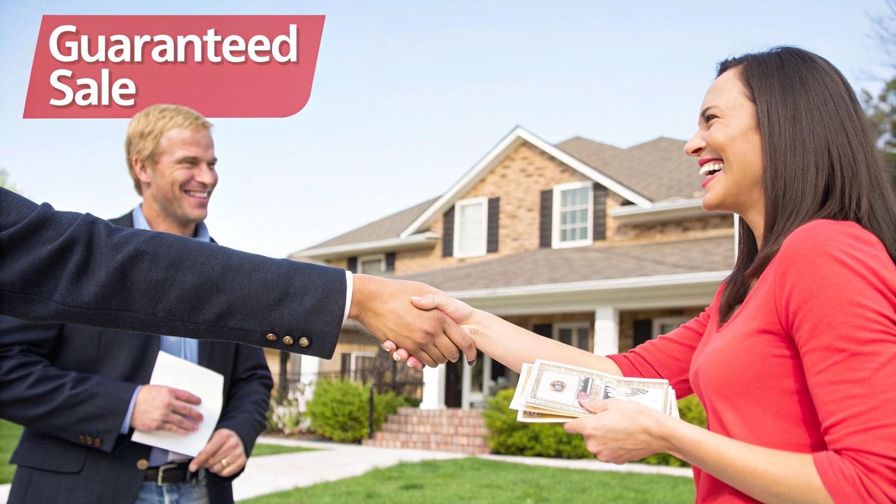 A homeowner reviewing a cash offer document with a representative from Home Sweet Home Offers.